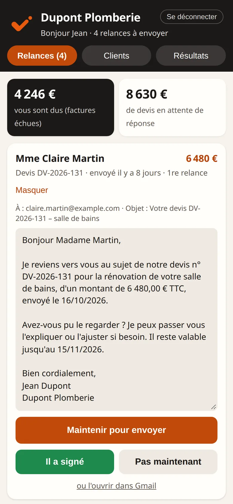 Exemple d'écran : une relance de devis courtoise, modifiable, avec le bouton pour l'envoyer.