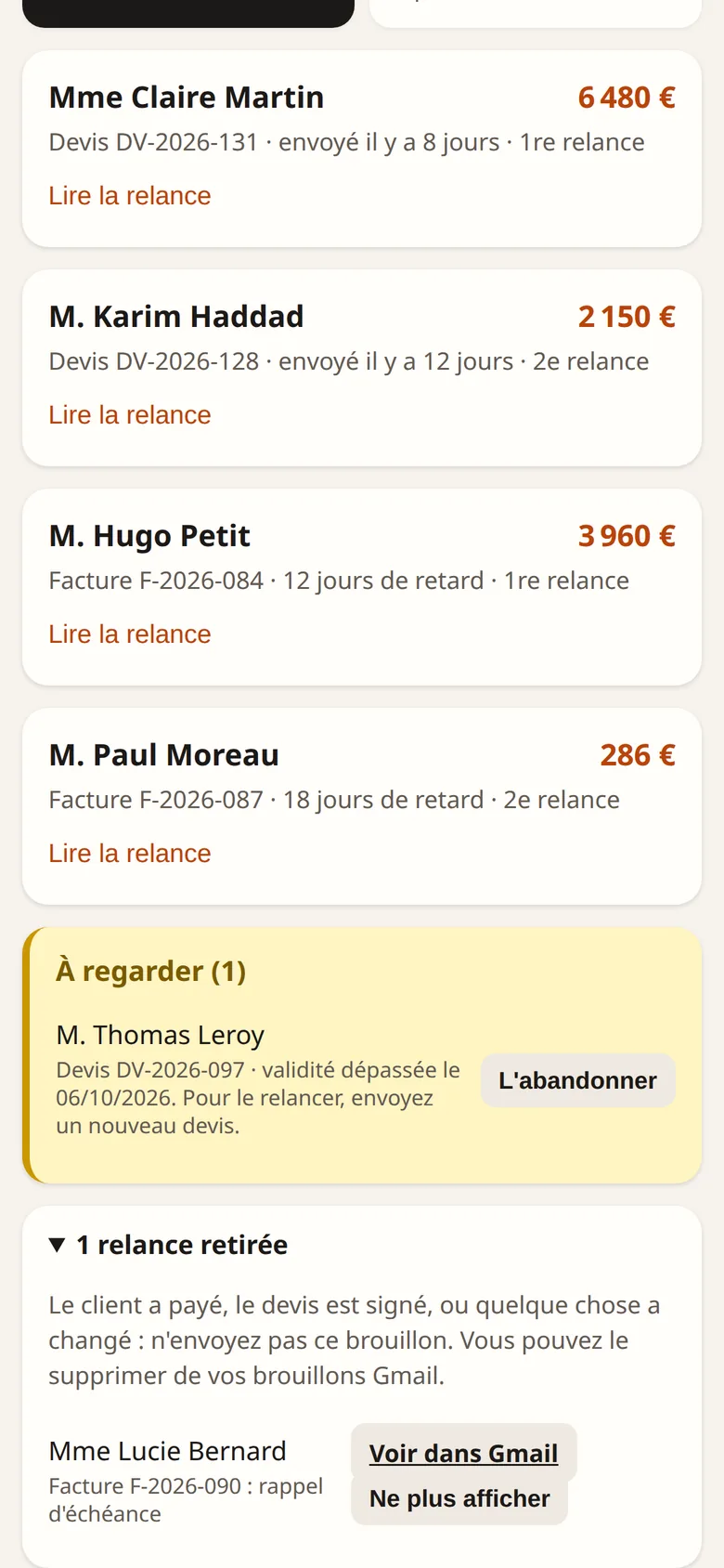 Exemple d'écran : le client a payé, sa relance est retirée.